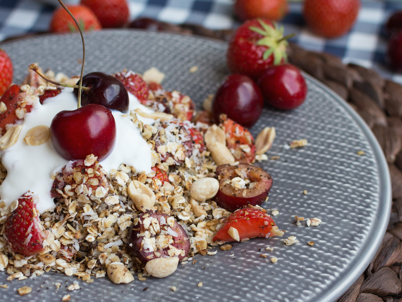 Granola with
                        cherries and strawberries